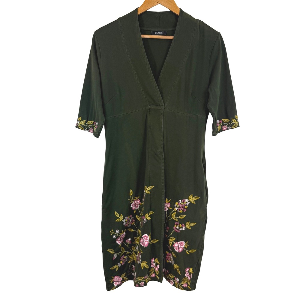 eShakti Floral Embroidered Dress Olive Green Pockets Boho Forest Fairy Large